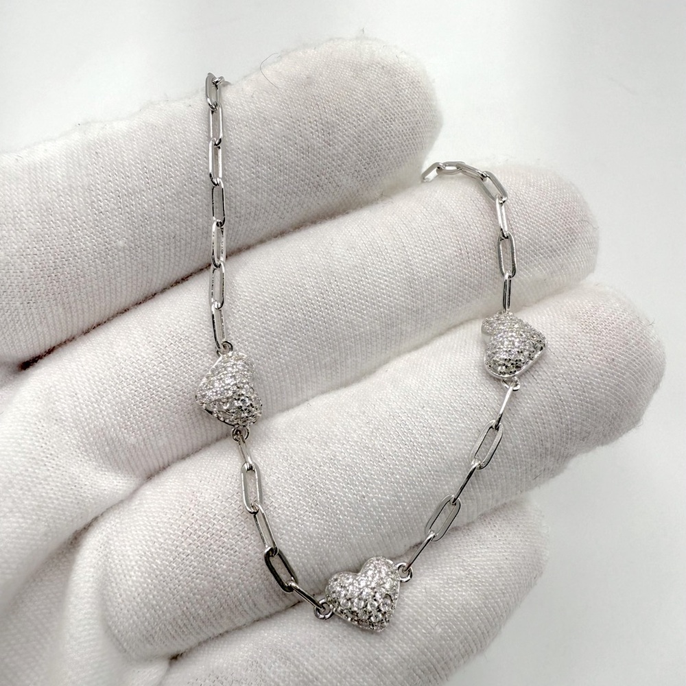 7” .925 Sterling Silver Cz Heart Bracelet - Picture 3 of 13